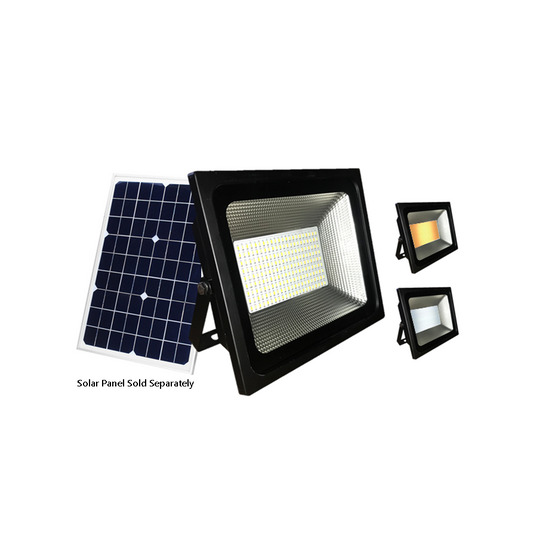 50W Dual colour solar LED flood light made of die-cast aluminium powder coated black. Solar panel sold separately.
