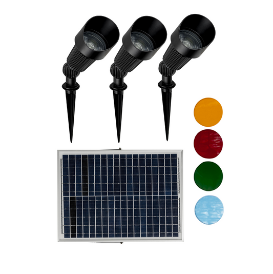3-pack of high output black solar garden spot lights with a solar panel and ground spikes, designed for outdoor use.