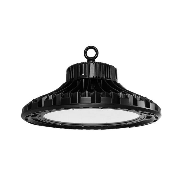 A 100W LED solar high bay light with a die cast aluminium structure, remote solar panel, and RF remote control