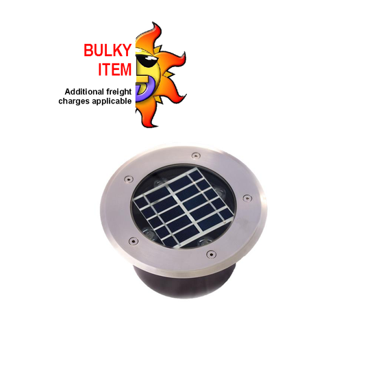 A 4W stainless steel in-ground uplighter with recessed warm white LEDs & built-in solar panel