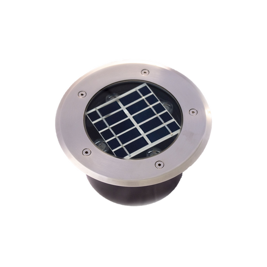 A 4W stainless steel in-ground uplighter with recessed warm white LEDs & built-in solar panel