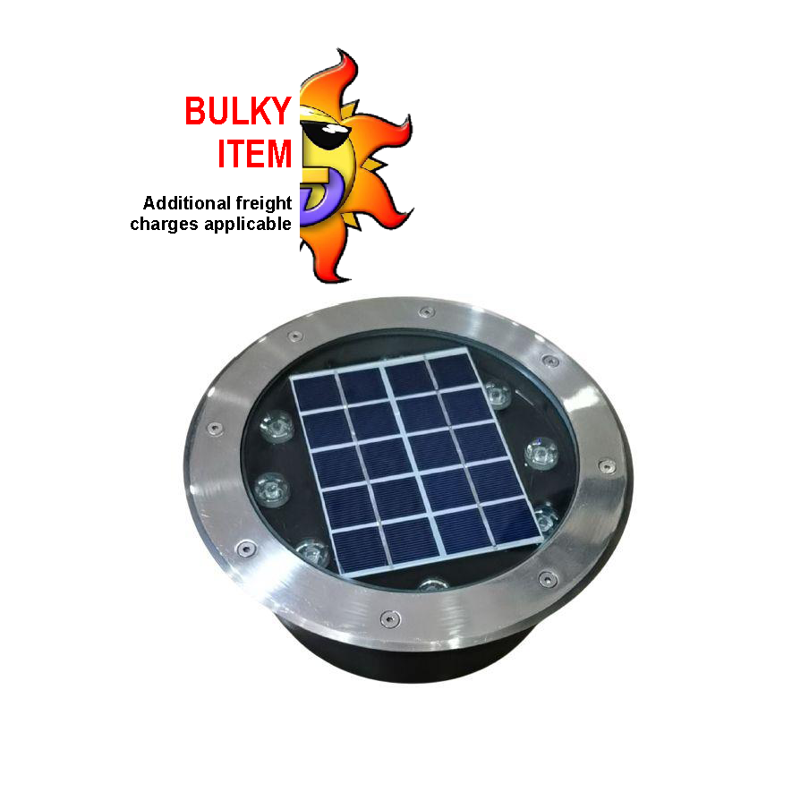 A 8W stainless steel in-ground uplighter with recessed warm white LEDs & built-in solar panel