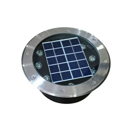 A 8W stainless steel in-ground uplighter with recessed warm white LEDs & built-in solar panel