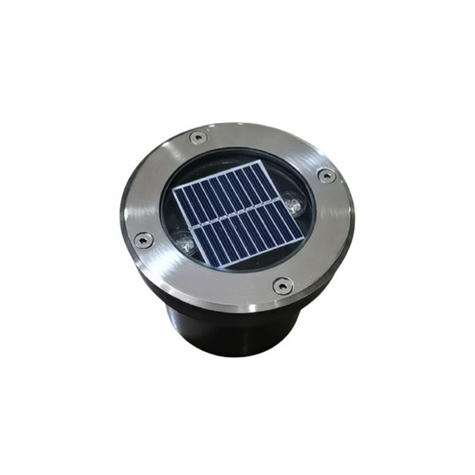 A 2W stainless steel in-ground uplighter with recessed warm white LEDs & built-in solar panel