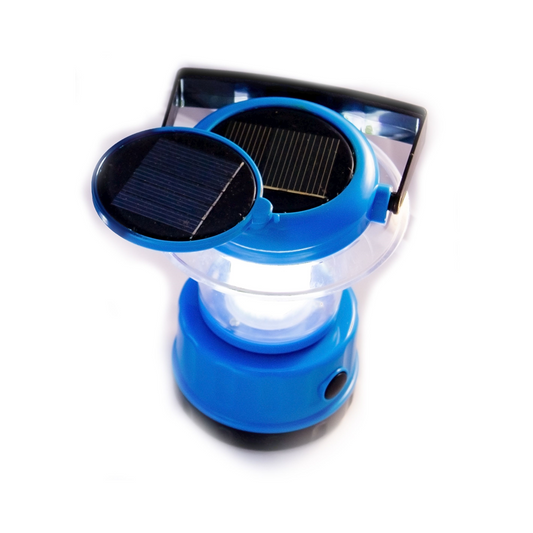 A solar portable LED lantern with a red base and a solar panel on top, featuring a UV stabilized PVC lens.