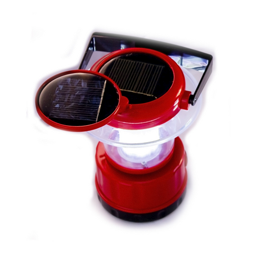 A solar portable LED lantern with a red base and a solar panel on top, featuring a UV stabilized PVC lens.