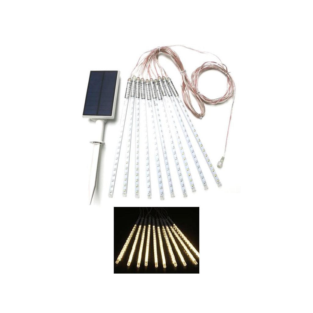 A set of solar-powered meteor lights with warm white LEDs, including a remote solar panel and cables for connection.