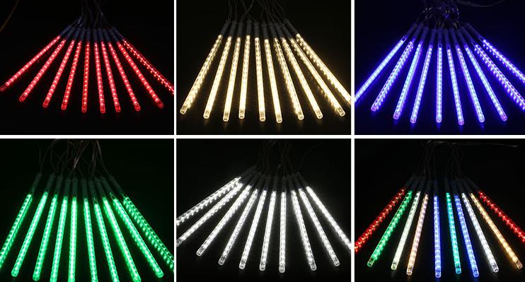 A set of solar-powered meteor lights showing all colours available