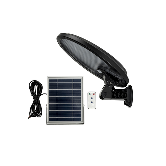 A multi-purpose light with a solar panel and an ergonomic design, including a PIR sensor and a remote control.