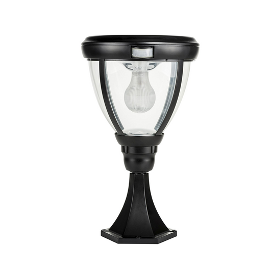 A traditional solar black pillar light made of die cast aluminium,with a built-in solar panel and a glass lampshade, designed for outdoor installation