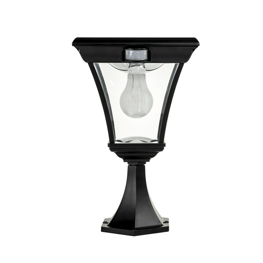 A traditional solar black pillar light made of die cast aluminium,with a built-in solar panel and a glass lampshade, designed for outdoor installation