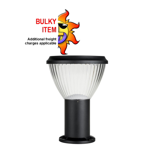 Modern commercial solar pillar light with a black powder coat, featuring a built-in solar panel and LED lights, on a surface mounted base.