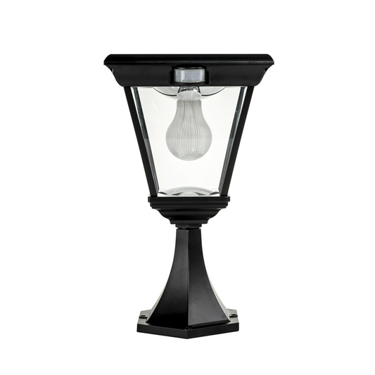 A traditional solar black pillar light made of die cast aluminium,with a built-in solar panel and a glass lampshade, designed for outdoor installation