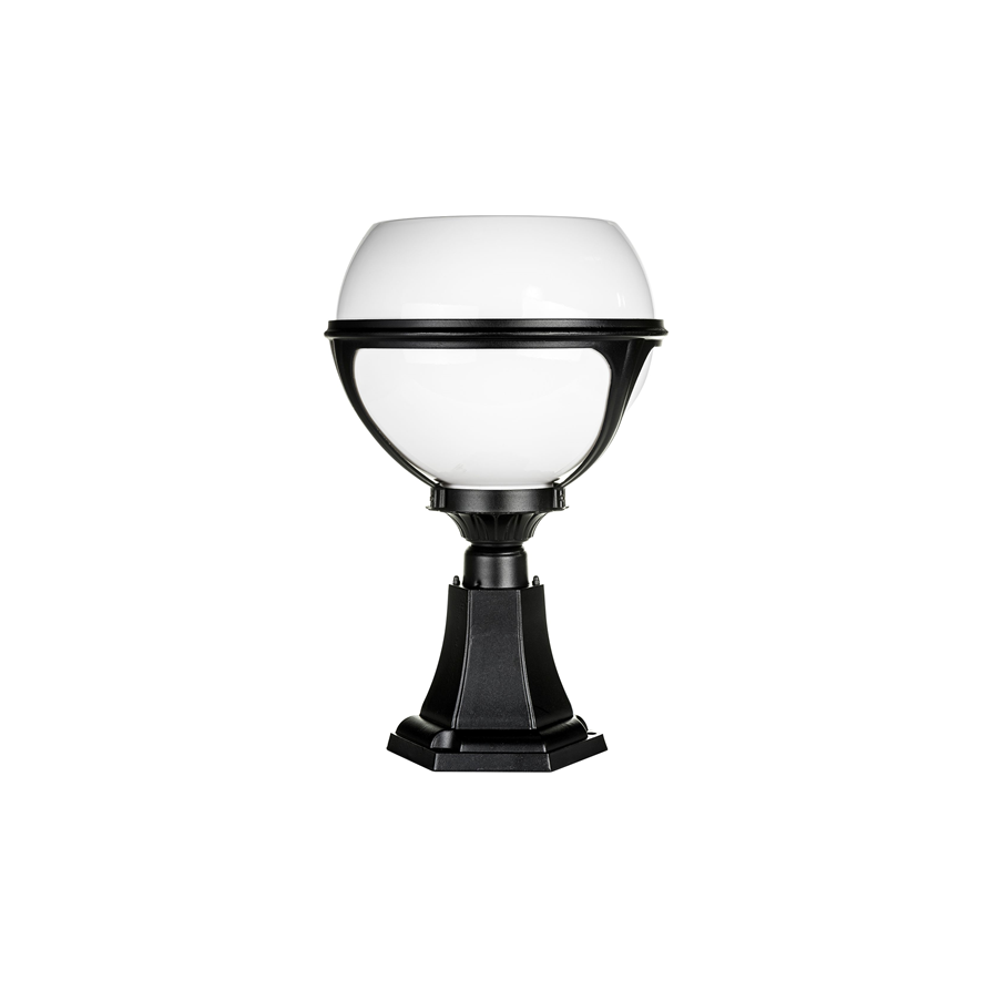 Commercial black die-cast aluminium solar pillar light with LEDs, built-in solar panel, and surface mounted base.