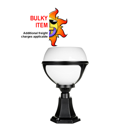 Commercial black die-cast aluminium solar pillar light with LEDs, built-in solar panel, and surface mounted base.