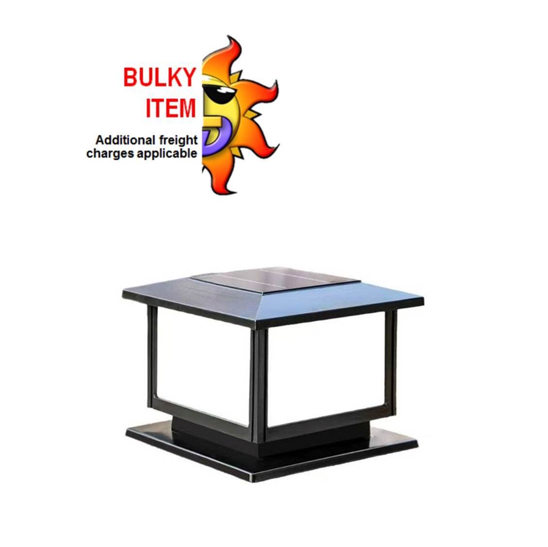 Small black powder-coated die-cast aluminium commercial solar pillar light with built-in solar panel and tri-colour LEDs.
