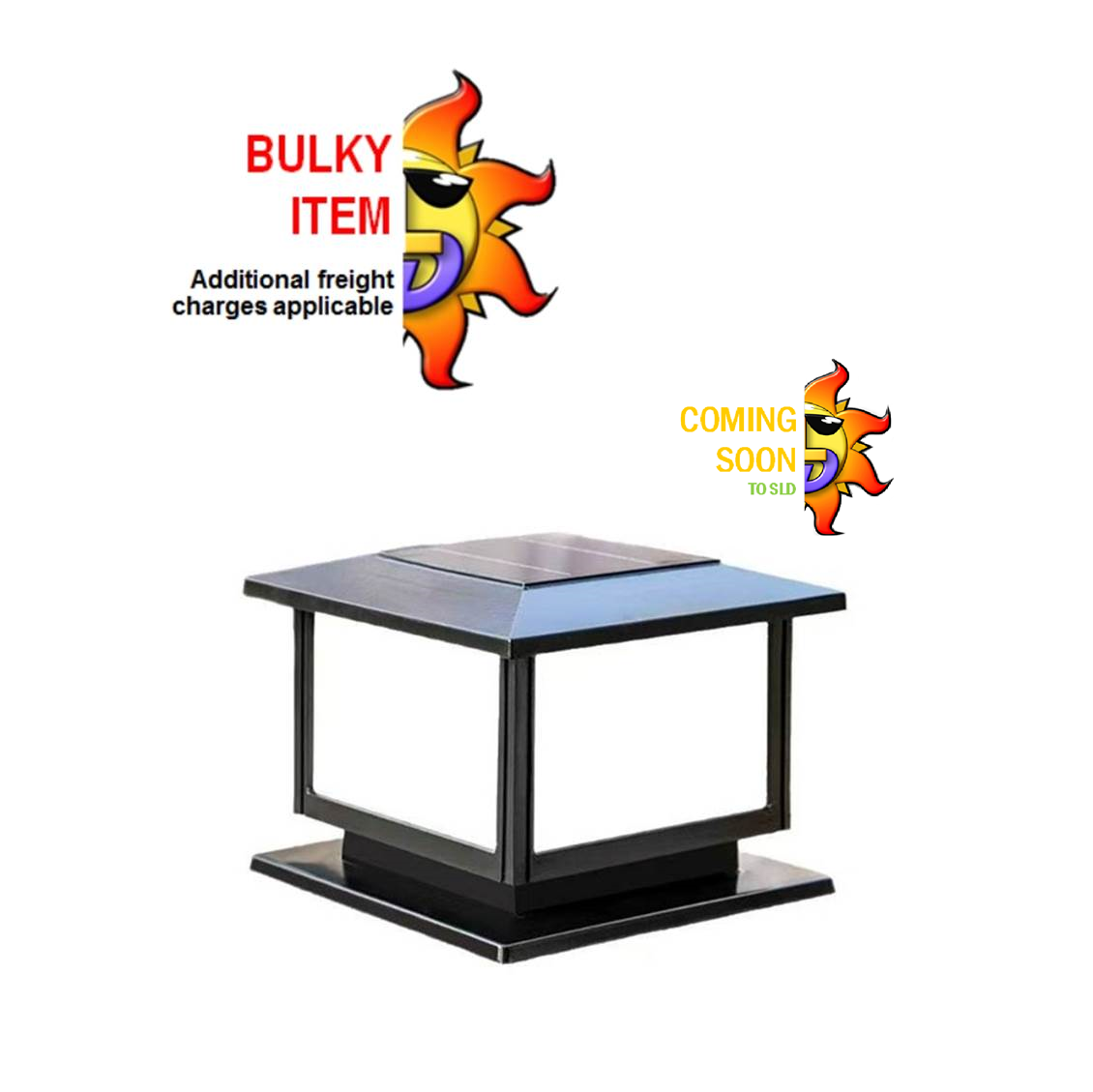 Small black powder-coated die-cast aluminium commercial solar pillar light with built-in solar panel and tri-colour LEDs.