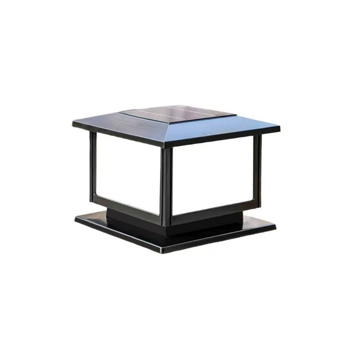Small black powder-coated die-cast aluminium commercial solar pillar light with built-in solar panel and tri-colour LEDs.