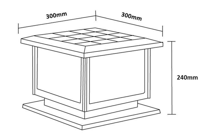 Diagram with dimensions for small black powder-coated die-cast aluminium commercial solar pillar light with built-in solar panel and tri-colour LEDs.