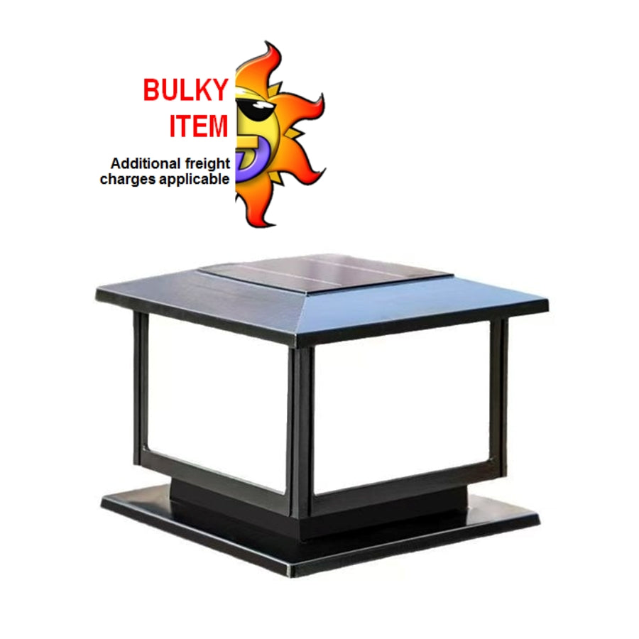 Large black powder-coated die-cast aluminium commercial solar pillar light with built-in solar panel and tri-colour LEDs.