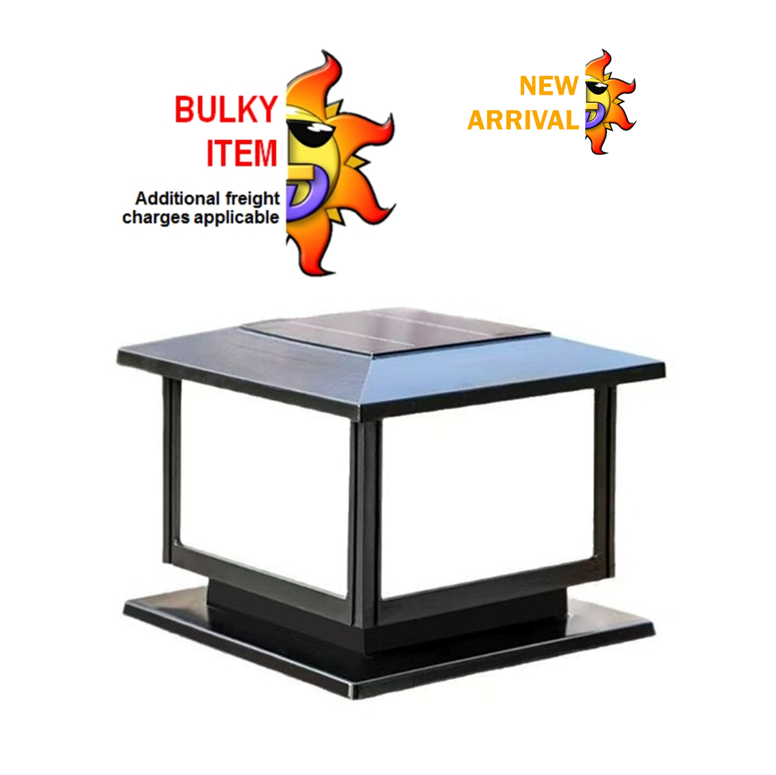 Large black powder-coated die-cast aluminium commercial solar pillar light with built-in solar panel and tri-colour LEDs.