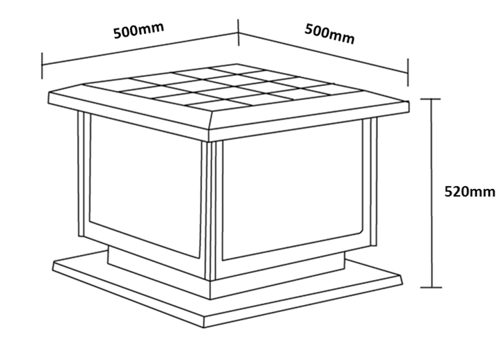 Diagram with dimensions for large black powder-coated die-cast aluminium commercial solar pillar light with built-in solar panel and tri-colour LEDs.