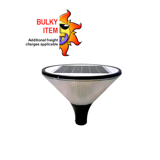 A 10W park light with a built-in solar panel on top, designed to be mounted on a pole.