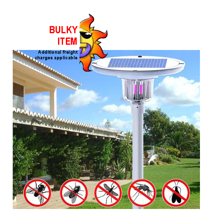 Solar-powered park light with insect zapper feature, mounted on a post with a built-in solar panel on top