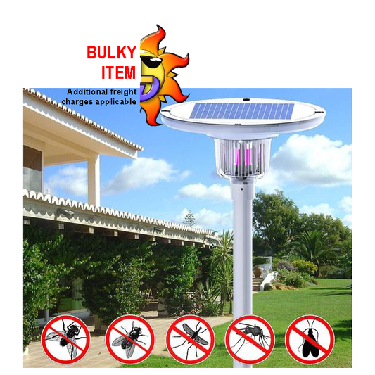 Solar-powered park light with insect zapper feature, mounted on a post with a built-in solar panel on top