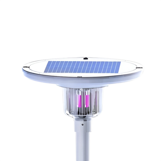 Solar-powered park light with insect zapper feature, mounted on a post with a built-in solar panel on top