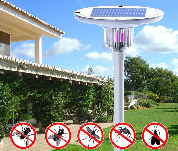 Solar-powered park light with insect zapper feature, mounted on a post with a built-in solar panel on top