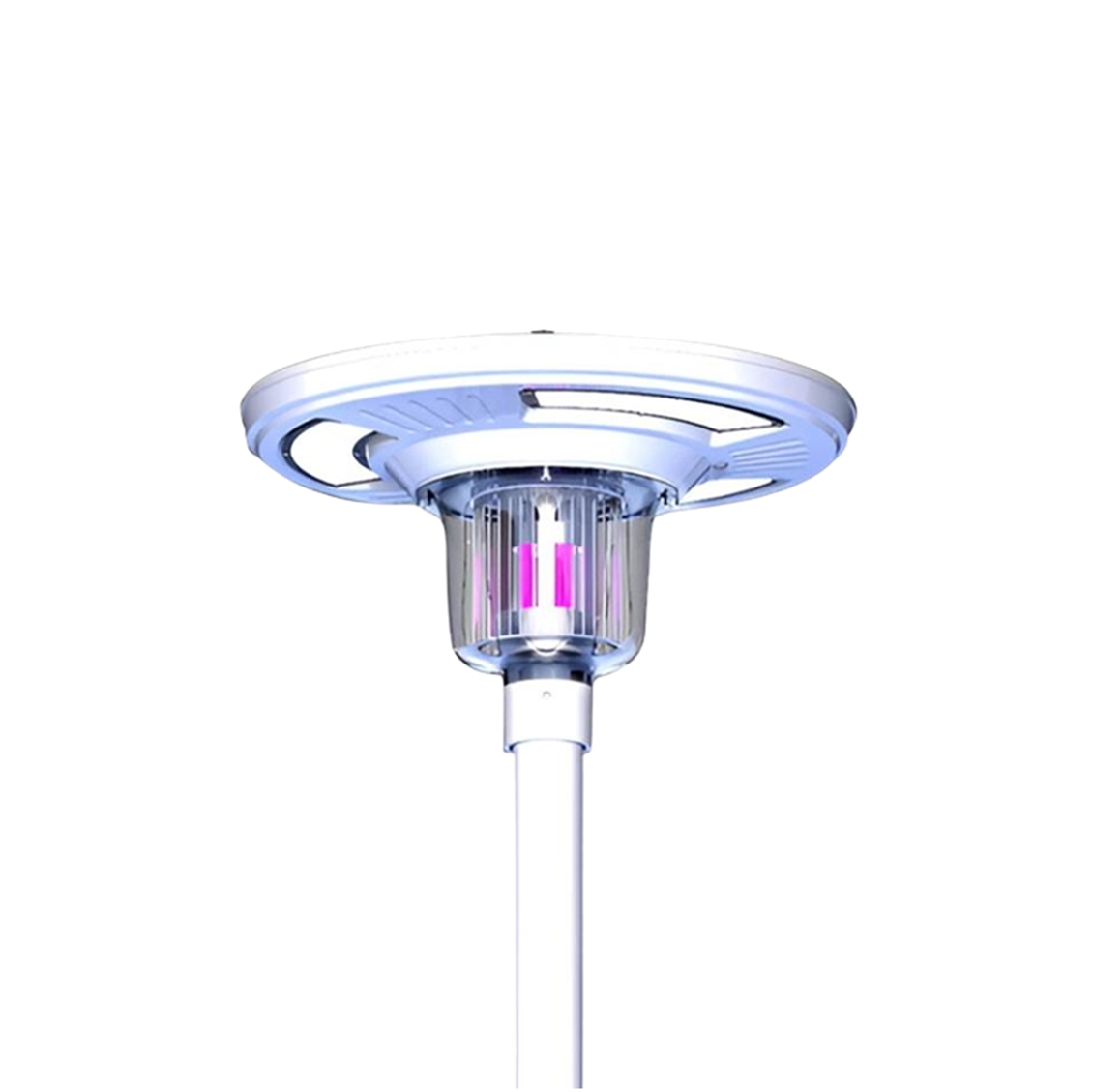 Solar-powered park light with insect zapper feature, mounted on a post with a built-in solar panel on top