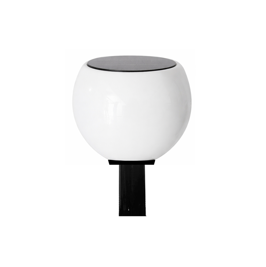 A white spherical solar post light with a black base, featuring a built-in solar panel, designed to be mounted on a post.