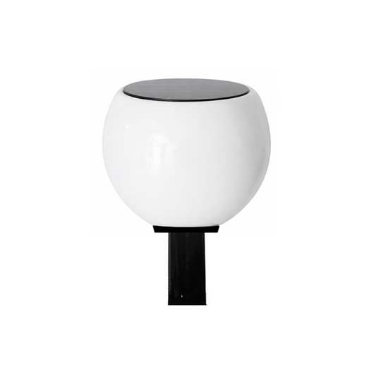 A white spherical solar post light with a black base, featuring a built-in solar panel, designed to be mounted on a post.