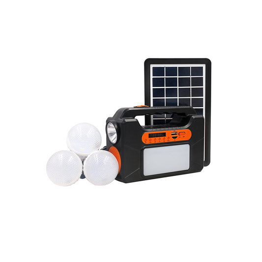 10W portable solar light kit with USB outlet for charging devices, built-in torch, radio, and Bluetooth. Comes with 3 LED bulb lights and remote solar panel