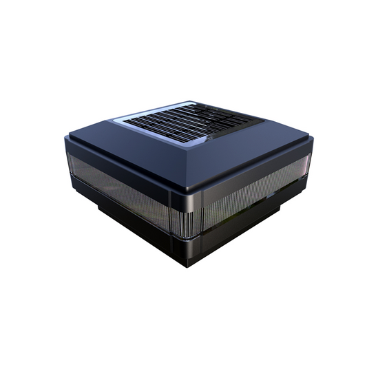 A modern solar post topper light with a black finish and LED lights, designed to fit over a wooden post.