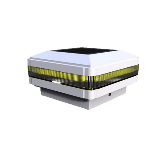 A modern solar post topper light with a white finish and LED lights, designed to fit over a wooden post.