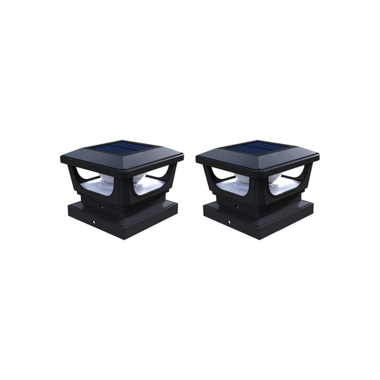 Two black post toppers with solar panels on top, designed for garden or pathway lighting.