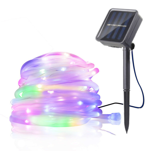 Solar LED rope light with solar panel and ground spike in RGBY