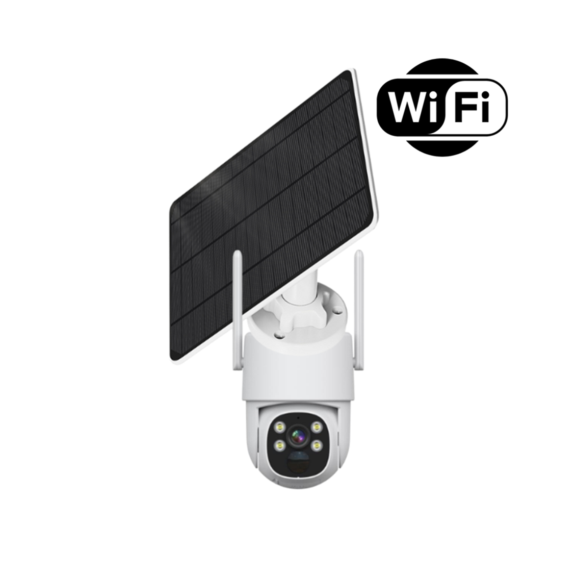 Solar security camera with a solar panel, Wi-Fi connectivity, and built-in spotlight