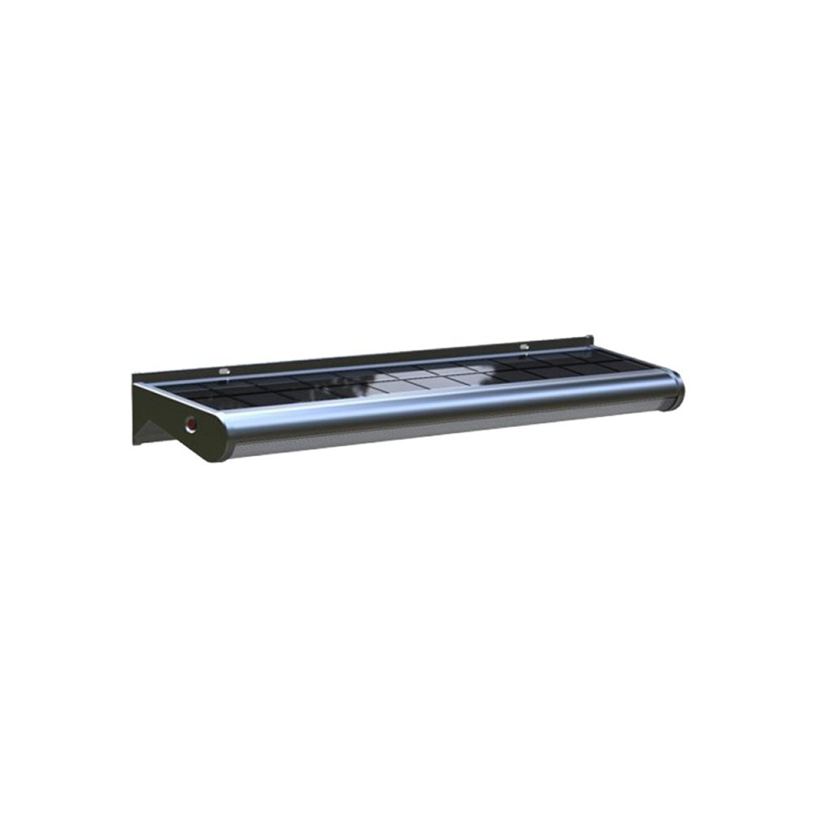 An extruded aluminium solar sign light with built-in solar panel, designed for mounting on a wall.