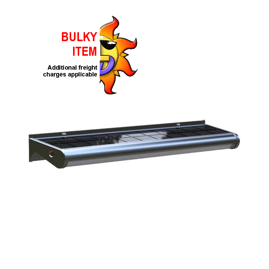 An extruded aluminium solar sign light with built-in solar panel, designed for mounting on a wall.
