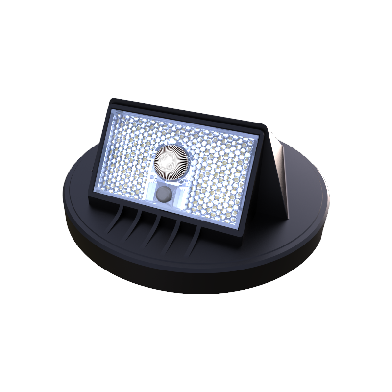 Black ABS solar step light with built-in solar panel and motion sensor, featuring a grid-like design on the front, mounted on a circular base.