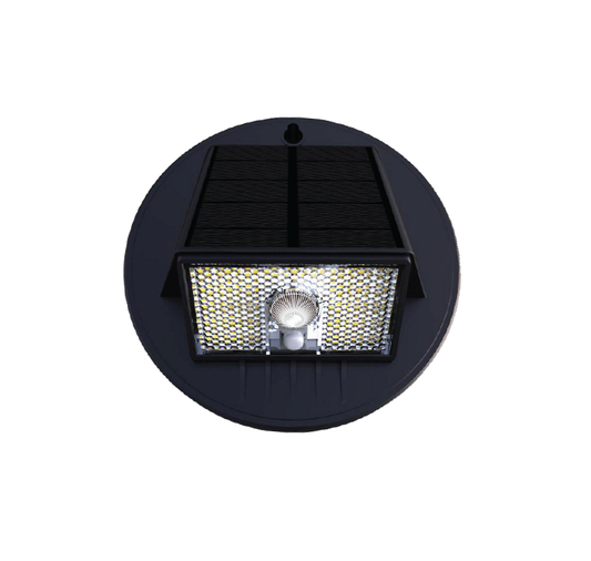 Black ABS solar step light with built-in solar panel and motion sensor, featuring a grid-like design on the front, mounted on a circular base.