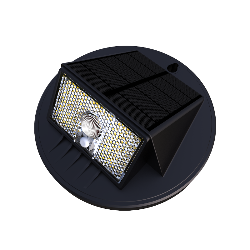 Black ABS solar step light with built-in solar panel and motion sensor, featuring a grid-like design on the front, mounted on a circular base.