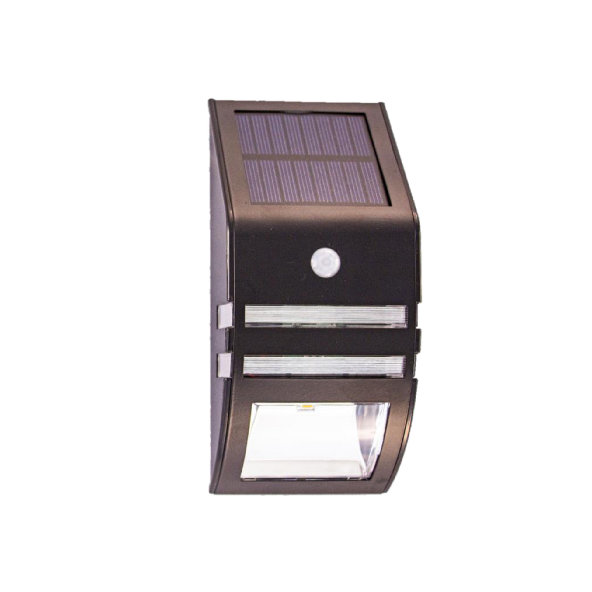 A black stainless steel step light with a built-in solar panel and motion sensor, designed for outdoor installation.