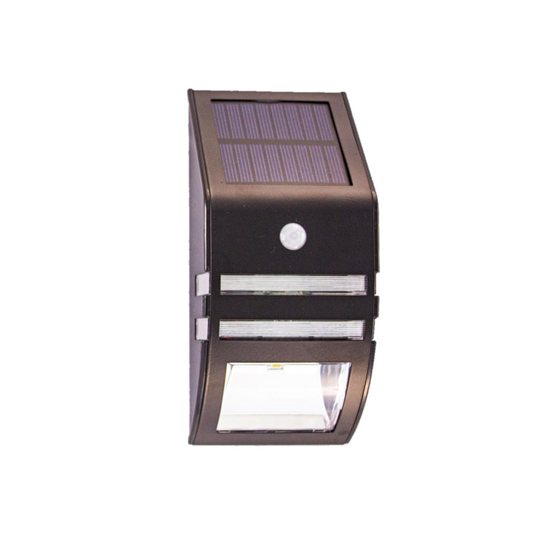 A black stainless steel step light with a built-in solar panel and motion sensor, designed for outdoor installation.