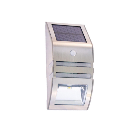 A stainless steel step light with a built-in solar panel and motion sensor, designed for outdoor installation.