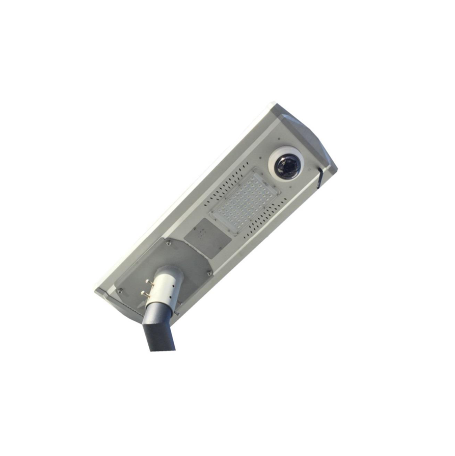 15W all-in-one solar street light with an integrated security camera, PIR sensor, and built-in solar panel.
