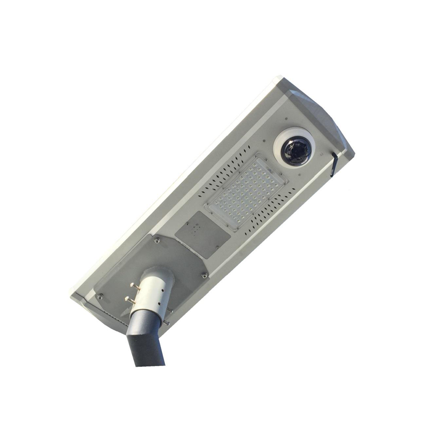 30W all-in-one solar street light with an integrated security camera, PIR sensor, and built-in solar panel.